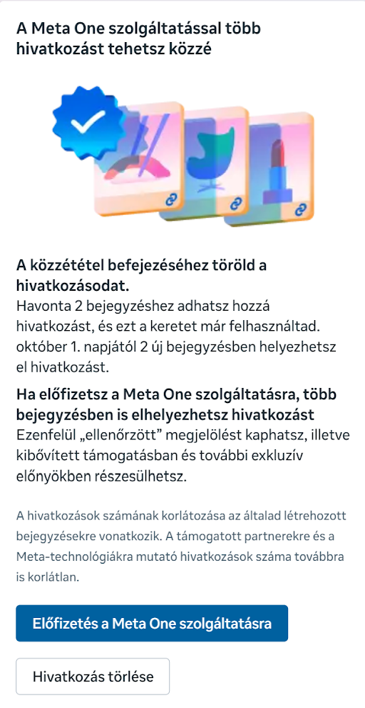 Meta One linkkorlát felugró ablak a Facebookon: havonta 2 bejegyzéshez adhatsz hozzá hivatkozást